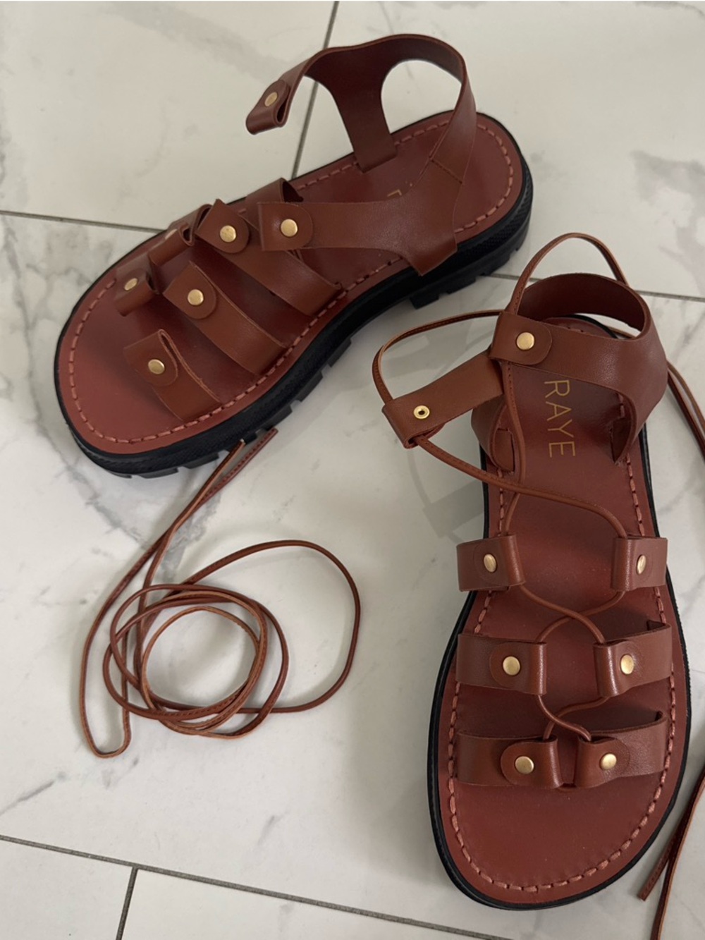 RAYE Women's Brown Leather Lace-Up Gladiator Sandals